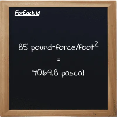 85 pound-force/foot<sup>2</sup> is equivalent to 4069.8 pascal (85 lbf/ft<sup>2</sup> is equivalent to 4069.8 Pa)